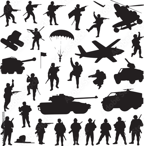 Military Silhouettes Featuring Soldiers Tanks Aircraft and Parachutist on White army warrior