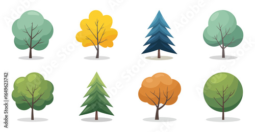 Set of eight stylized tree icons in varied shapes and colors representing seasonal changes and species diversity in a minimal graphic style