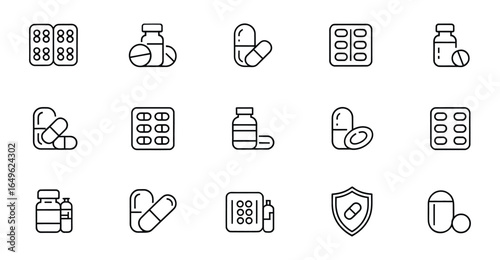 Set of fifteen black medication icons including pill bottles, blister packs, capsules, tablets, and shield symbols representing health and safety