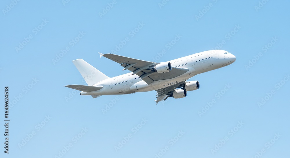 Fototapeta premium White airplane smoothly ascends against a clear bright blue sky. AI Generated