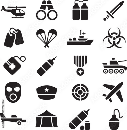 Military Icons Collection Helicopter Binoculars Gas Tanks Sword Parachutes Dog Tags vector illustration