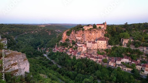 Rocamadour is a vertical village built in a series of stages on the cliff above the Alzou Canyon. Lot, Occitanie region, Périgord, France. Rocamadour was primarily a major pilgrimage site.