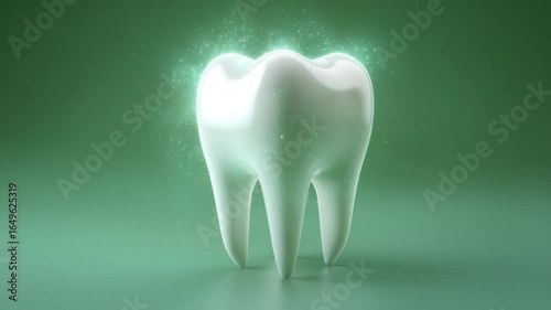 Sparkling tooth illustration: A close-up studio shot presents a pristine, sparkling tooth, highlighted by a gentle glow, set against a soft green backdrop, showcasing dental health and hygiene.