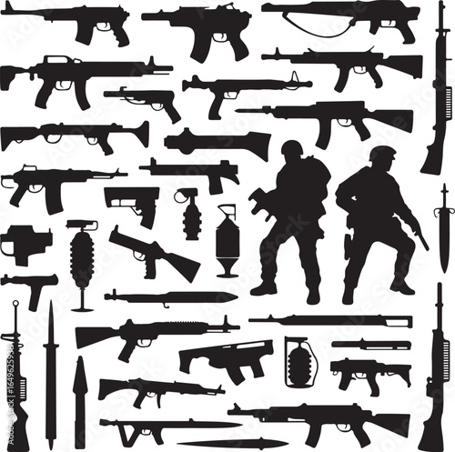 Silhouettes of soldiers and military weapons including rifles pistols and grenades Keywords: soldier