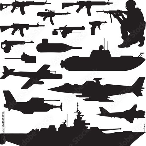 Silhouette Collection of Military Vehicles and Soldier on White Background weapon rifle