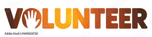 “VOLUNTEER” text illustration with brown-orange gradient and handprint-shaped letter O, symbolizing help, community, and civic engagement