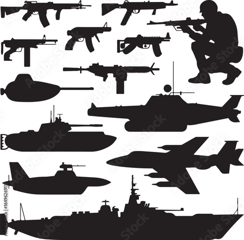 Military Silhouettes Including Weapons Vehicles and Soldier rifle shotgun