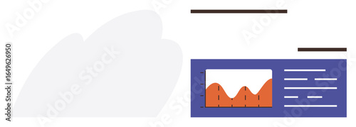 Line chart with fluctuating data points on a blue panel alongside text blocks. Ideal for business, statistics, analysis, technology, presentation, infographic, dashboard. Simple flat metaphor