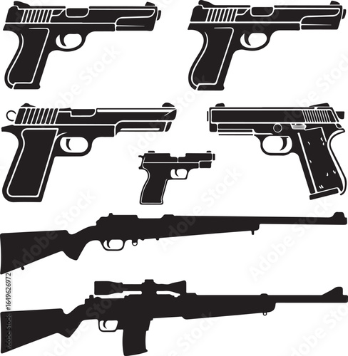 Close up silhouettes of various handguns and rifles with scopes Keywords: handgun, pistol, rifle