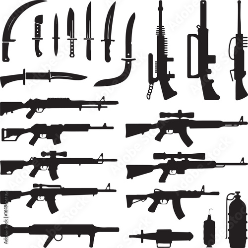 Assortment of Silhouetted Weapons Including Firearms and Blades rifle shotgun