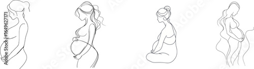 On a white isolated background, a modern illustration of a pregnant woman is rendered in a one line drawing