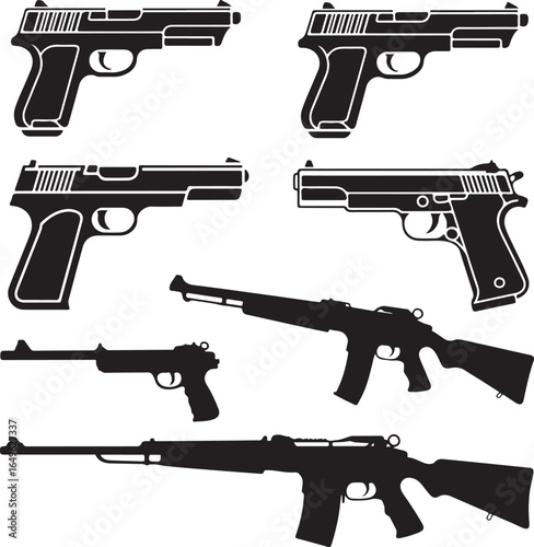 Six Handgun and Rifle Silhouettes with Outline Details pistol firearm