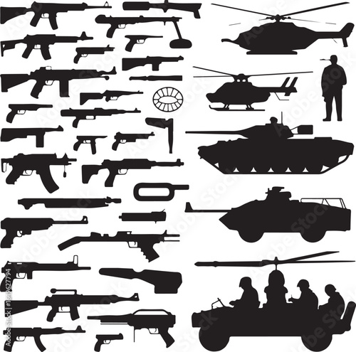 Collection of military weapon silhouettes including helicopters tanks and soldiers Keywords: military