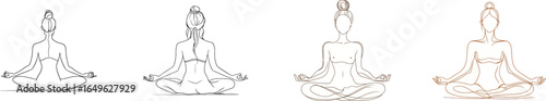 On a white isolated background, a modern illustration of a yoga woman is rendered in a one line drawing