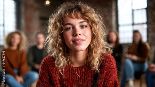 Wallpaper Mural A young woman with curly hair smiles warmly at the camera, with a blurred background of people, embodying confidence and connection in an inviting, artistic ambiance. Torontodigital.ca