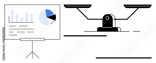 Chart with bar graph and pie chart on a stand next to a balance scale. Ideal for analytics, finance, comparison, balance, decision-making, strategy, and equilibrium themes. A simple flat metaphor