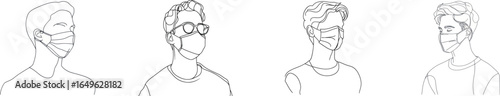 On a white isolated background, a modern illustration shows a man in a medical mask created in a simple one line drawing