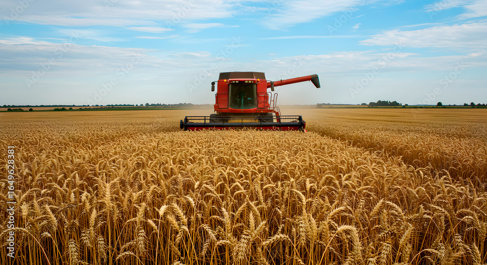 Obraz premium Wheat Harvesting in a Golden Field Under a Clear Sky With a Combine Harvester at Work During Late Summer