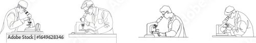 A microbiologist conducting research with a microscope is illustrated in a modern, one-line drawing on a white background, showcasing a scientist doing laboratory analysis