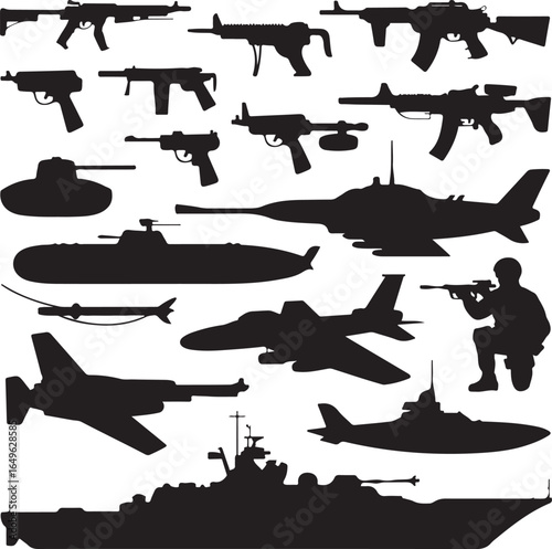 Silhouettes of Military Vehicles Aircraft and Soldier with Rifle shotgun pistol