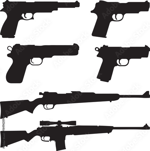 Silhouettes of handguns and rifles with scope on white background pistol firearm