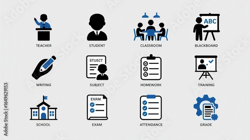 Educational icons for school, classroom, training, exam, and learning concepts in modern style