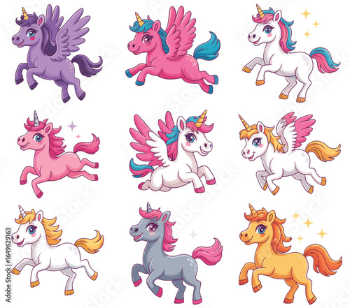 Colorful unicorn pack, magical creatures, fantasy animals, winged unicorns, rainbow manes, prancing poses, sparkles, cute illustration, kids art, whimsical design, pastel colors