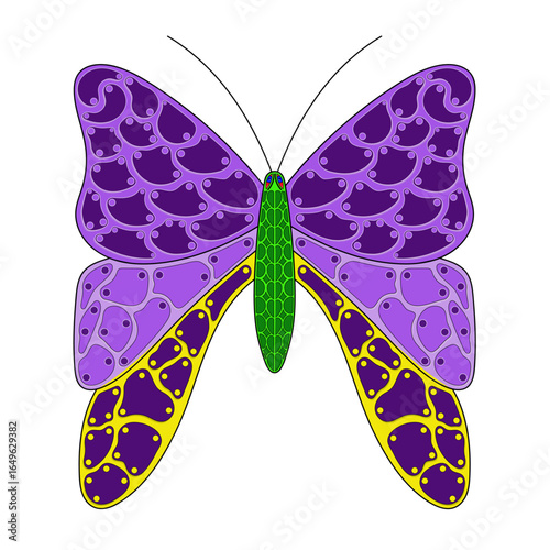 fantasy butterfly with light and dark purple and yellow wings and a green body