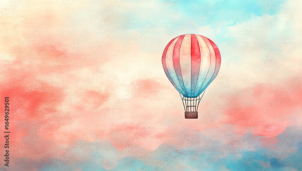 Fototapeta premium A hot air balloon floats serenely against a pastel sky of soft clouds. Watercolor-like, dreamy colors create a peaceful, imaginative scene
