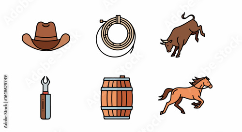 Cowboy Hat, Lasso, Bucking Bull, Wrench, Wooden Barrel, and Galloping Horse Icons.