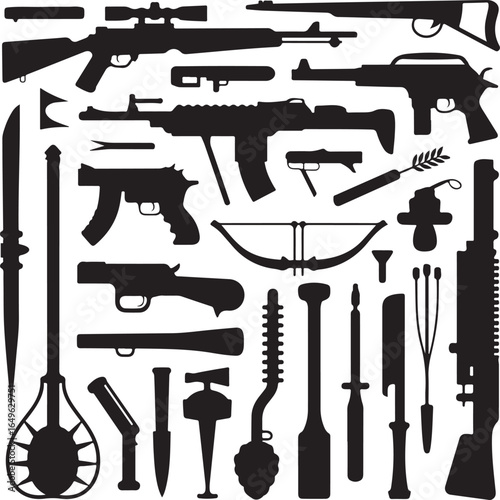 Diverse Silhouettes of Firearms Swords Bows Arrows and Medieval Weapons rifle handgun