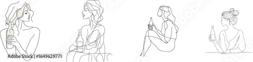 On a white isolated background, a modern illustration is presented in a single line drawing of a nude woman with a bottle