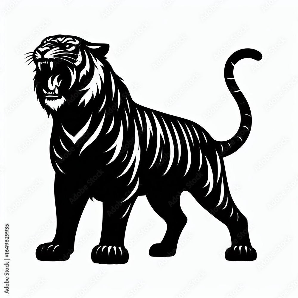 Naklejka premium Fierce black tiger roaring with open mouth and sharp teeth