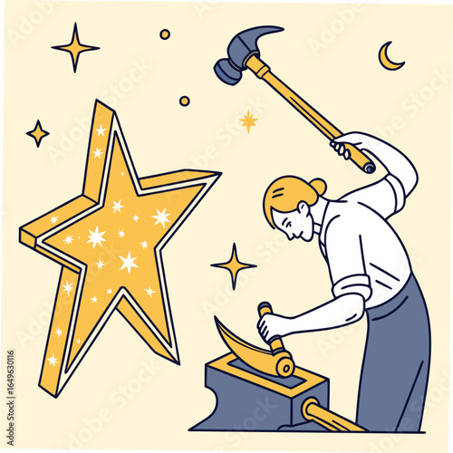 Blacksmith forging a star on an anvil with a hammer vector illustration