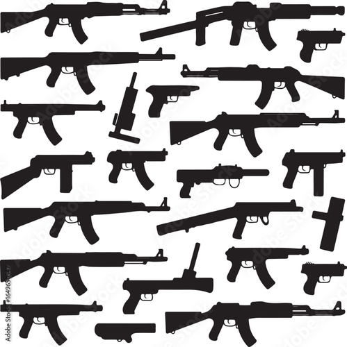 Silhouette collection of various assault rifles submachine guns and pistols weapon firearm