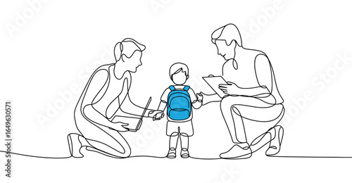 Line drawing of two adults kneeling beside child with blue backpack, holding laptop and clipboard, symbolizing support and family care