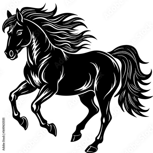 Black vector silhouette of a running wild mustang horse with flowing mane and tail illustration
