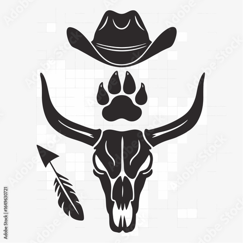 Bold western wildlife emblem featuring cowboy hat, bull skull, paw print, and arrow with feather