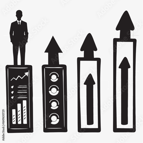 Confident executive atop rising graph showcasing business growth and success, visualizing upward trends and achievement