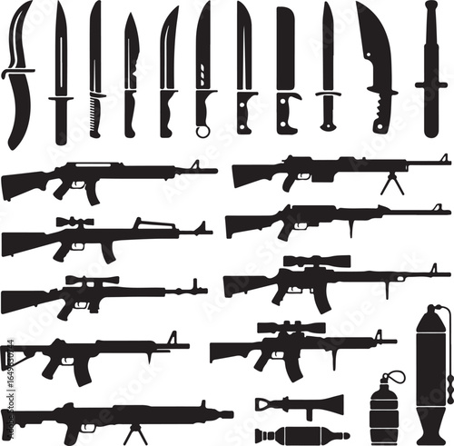 Assorted knives, rifles, grenades, and gas cylinders in silhouette knife blade