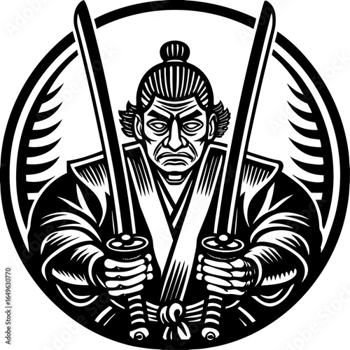 Vector drawing of a pirate woman with a sword and shield, retro black and white woodcut art style
