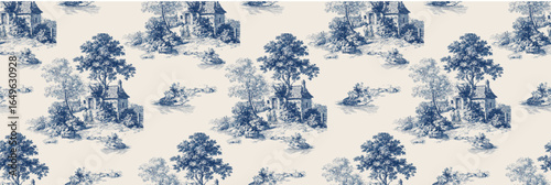 Seamless toile de Jouy pattern in blue and white, featuring vintage countryside scenes with cottages, trees, and villagers. Elegant French country textile design illustration.
