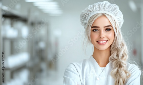 Smiling woman in a white uniform and hairnet stands in a sterile industrial setting with blurred machinery and light-filled background