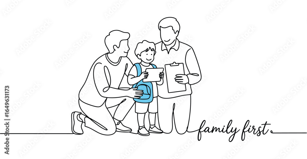 Fototapeta premium Line drawing of two adults helping a child with backpack and clipboard, symbolizing care, support, and togetherness with “family first” text