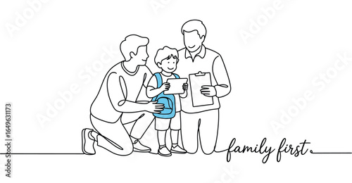 Line drawing of two adults helping a child with backpack and clipboard, symbolizing care, support, and togetherness with “family first” text