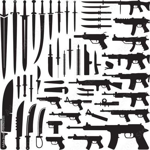 Diverse Weapon Silhouettes Featuring Swords, Knives, and Firearms pistol rifle