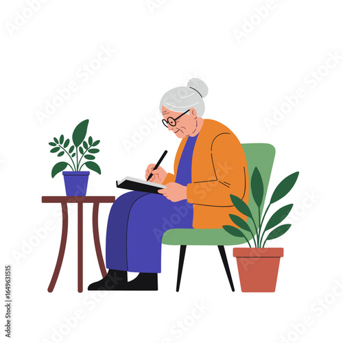 Elderly woman writing in journal while sitting in chair at home  
