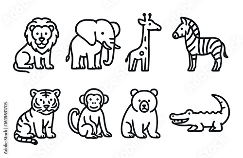 Outline illustrations of eight adorable cartoon safari animals