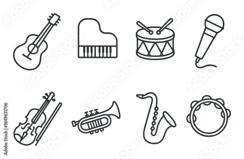 Music icons: guitar, piano, drum, microphone, violin, trumpet, saxophone, tambourine