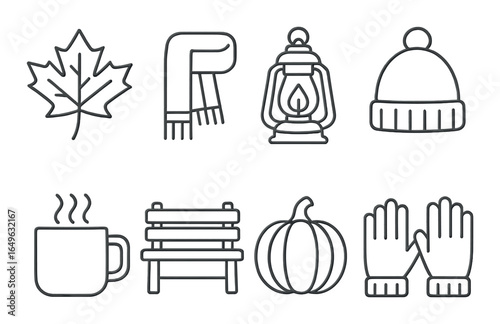 Autumn icons: maple leaf, scarf, lantern, hat, mug, bench, pumpkin, gloves